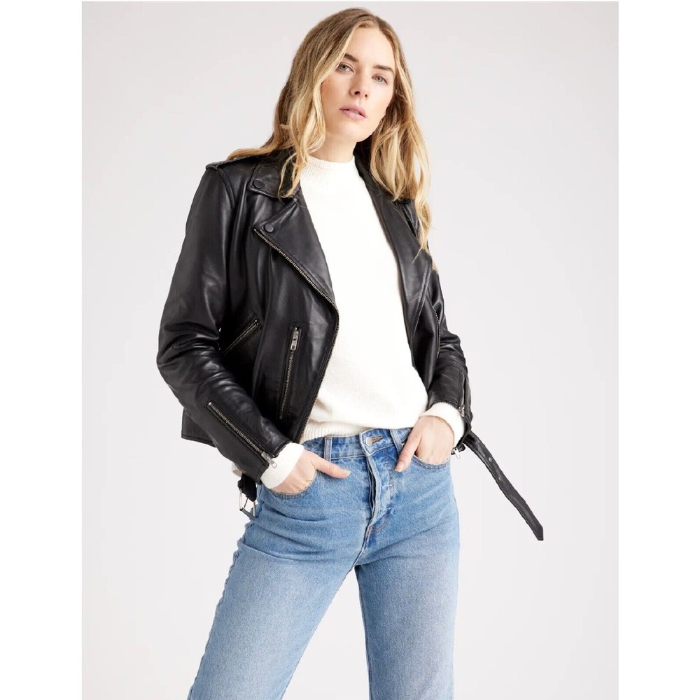 Quince 100% Leather Motorcycle Jacket Black NWT Small - Picture 3 of 7